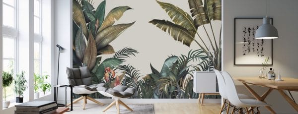 a modern living room with a tropical wallpaper on the wall