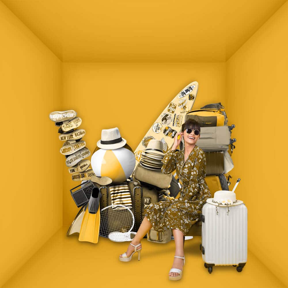 Woman with traveling gear in storage unit