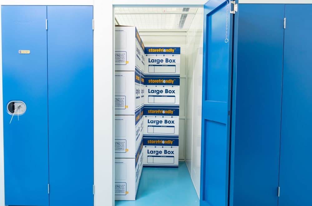 Storefriendly boxes stacked in a storage unit