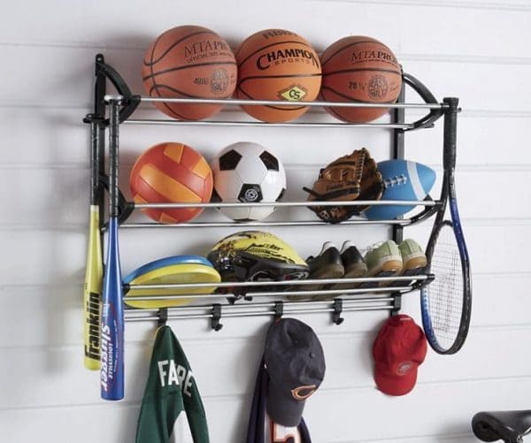 sports equipment on a rack