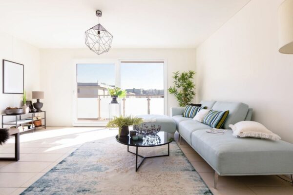 a stunning living room with two big windows