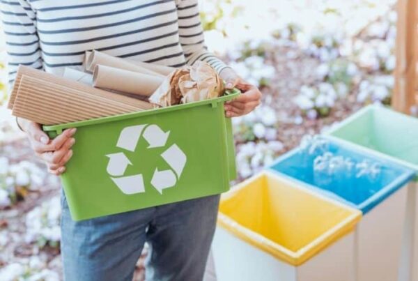 A woman carrying a plastic container box of recycled paper