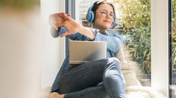 Woman taking a break from work to stretch